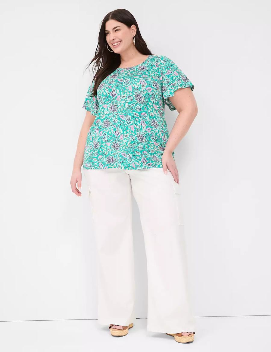 Light Turquoise Lane Bryant Flutter-Sleeve Smocked Top Women T Shirts | DNY1789NO