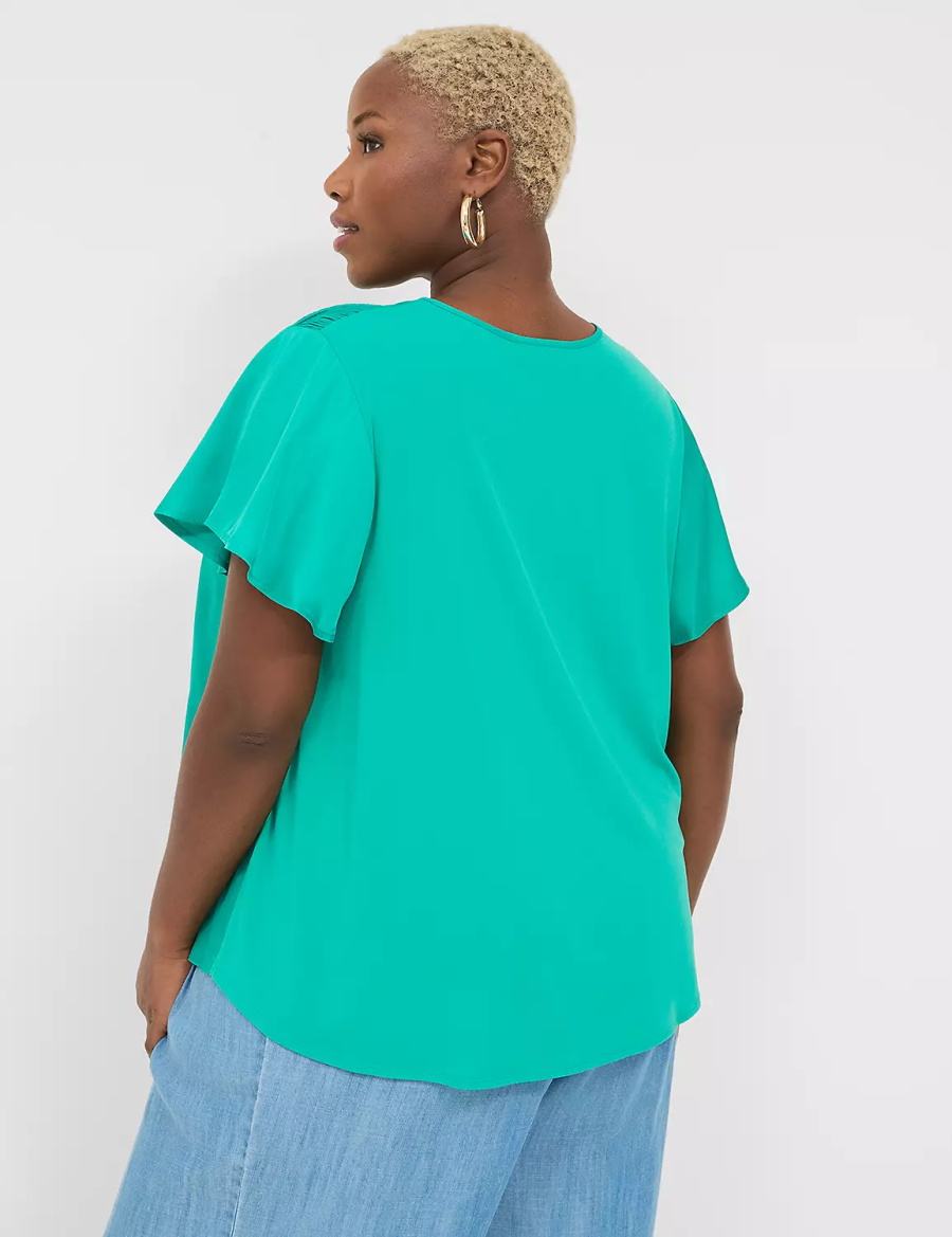 Light Turquoise Lane Bryant Satin Smocked-Shoulder Women Blouse | CPK9089EZ