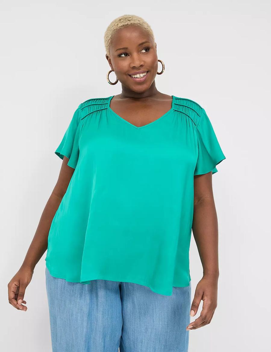 Light Turquoise Lane Bryant Satin Smocked-Shoulder Women Blouse | CPK9089EZ