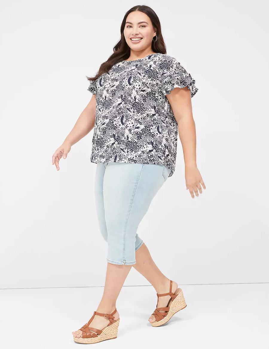 Navy Cream Lane Bryant Flutter-Sleeve Crew-Neck Top Women T Shirts | KCO2345AF