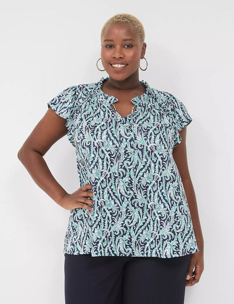 Navy Lane Bryant Cap Flutter-Sleeve Satin & Knit Top Women T Shirts | CJQ35ID