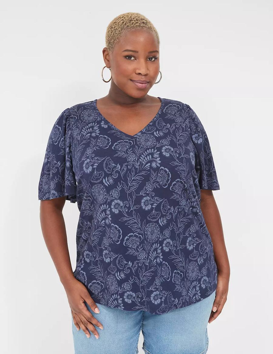 Navy Lane Bryant Flutter-Sleeve V-Neck Top Women T Shirts | KTX4313OY