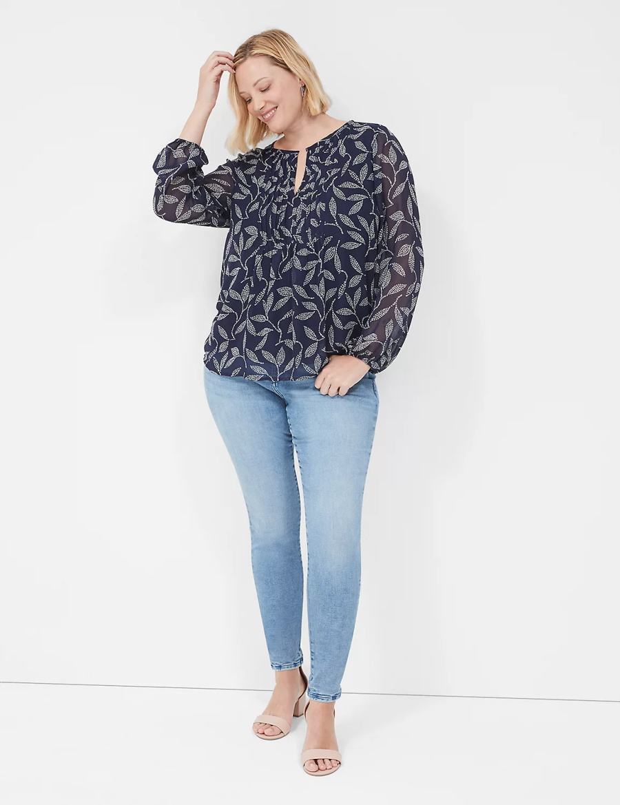 Navy Lane Bryant Pin-Tuck Crew-Neck Women Blouse | GPQ5536FD