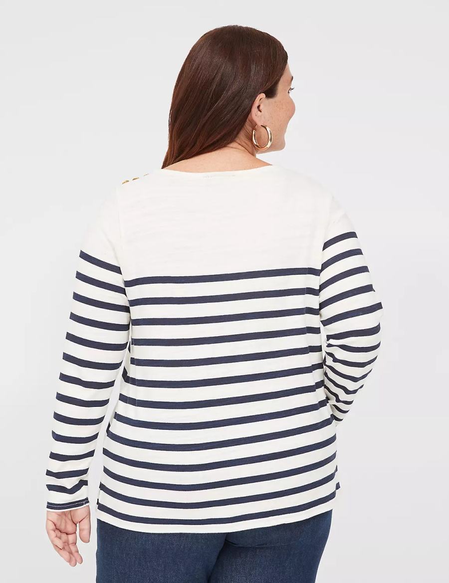 Navy Stripes Lane Bryant Long-Sleeve Boatneck Top Women T Shirts | LHD8593XD