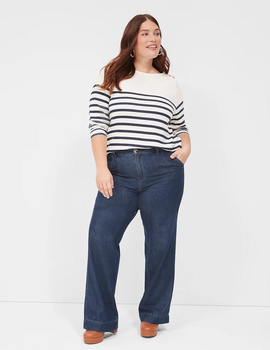 Navy Stripes Lane Bryant Long-Sleeve Boatneck Top Women T Shirts | LHD8593XD