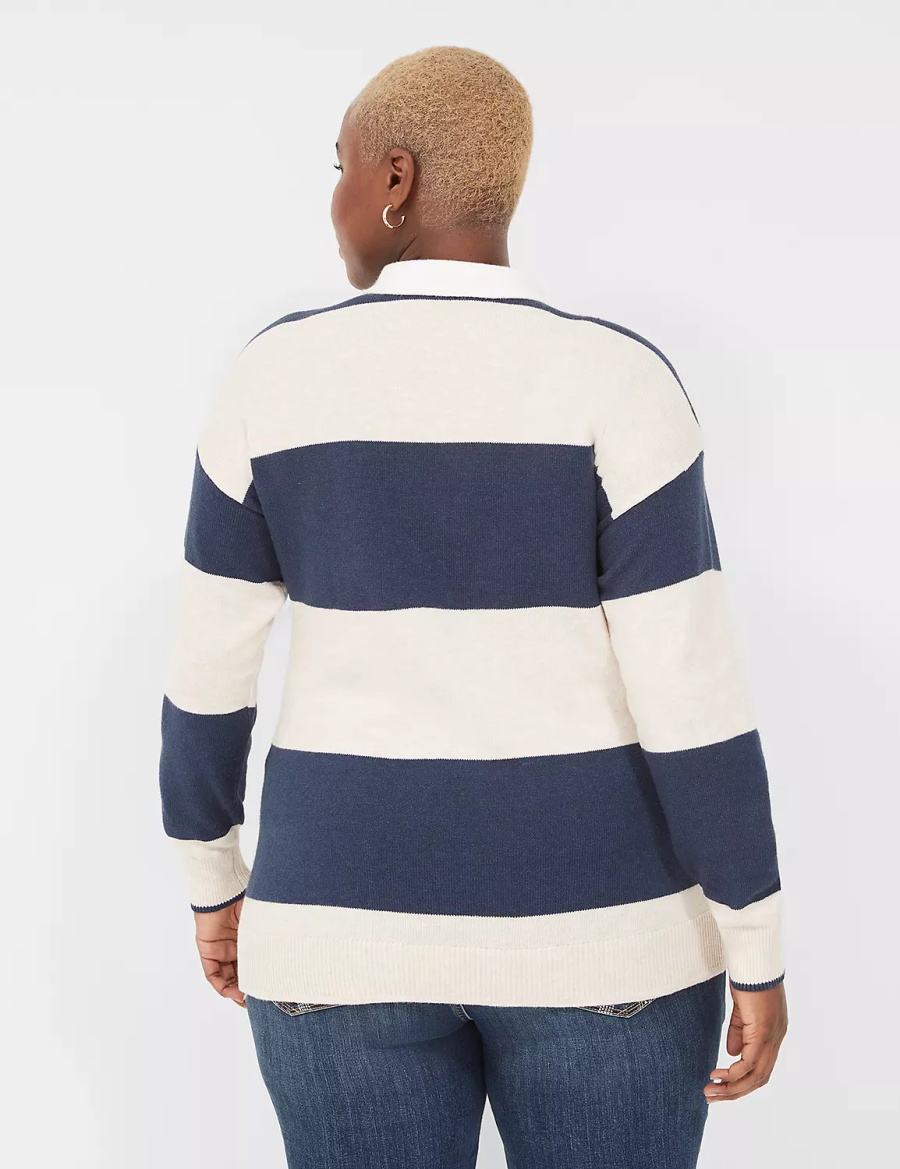 Navy Stripes Lane Bryant Long-Sleeve Stripe Polo Women Sweaters | YKP1880TG