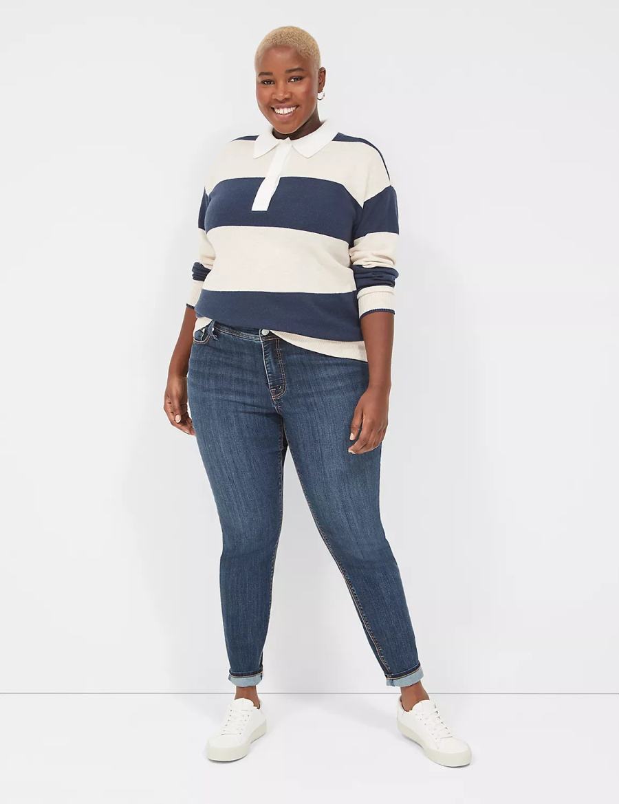 Navy Stripes Lane Bryant Long-Sleeve Stripe Polo Women Sweaters | YKP1880TG