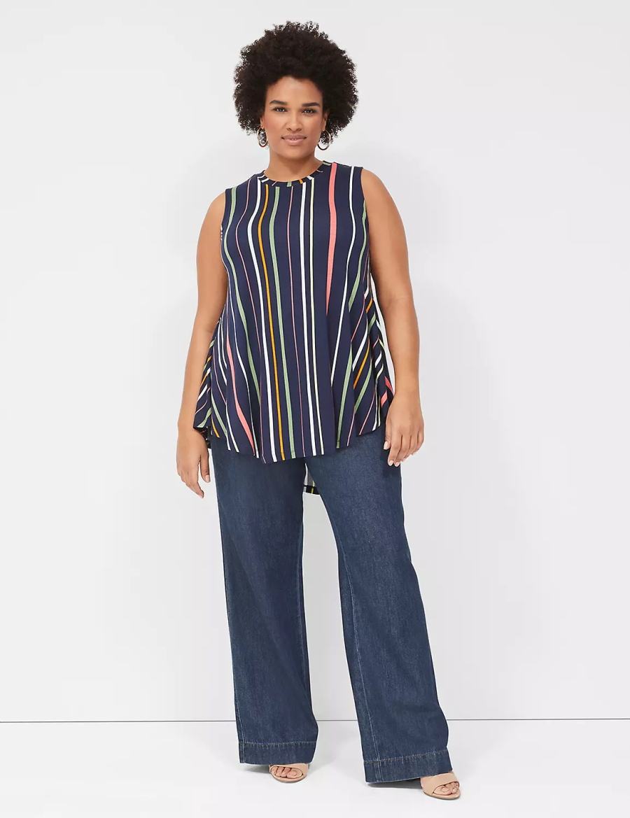 Navy Stripes Lane Bryant Max Swing Sleeveless High-Neck Tunic Women T Shirts | KCG3612KM