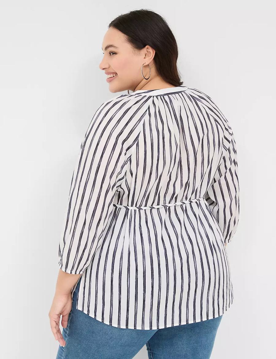 Navy Stripes Lane Bryant Relaxed 3/4-Sleeve Button-Front Tunic Women Shirts | KXV3632TJ