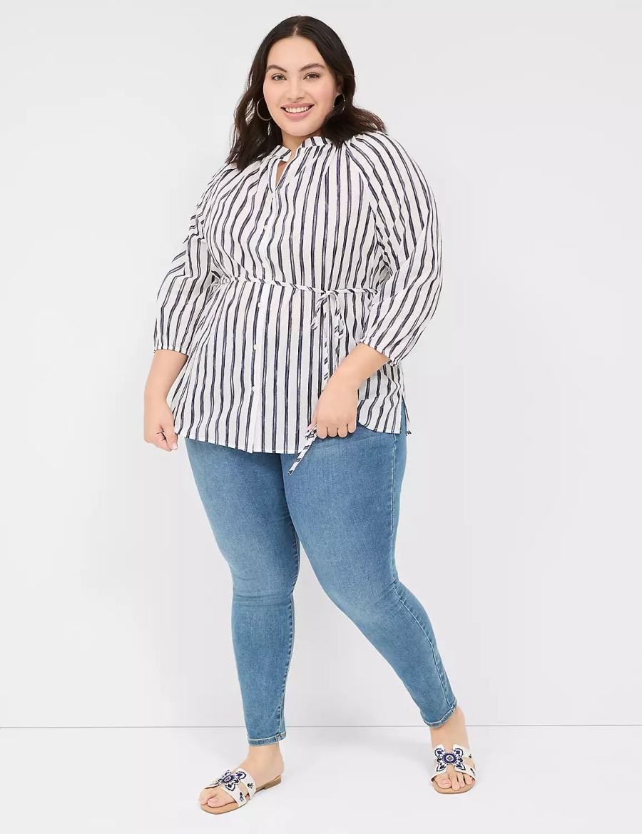 Navy Stripes Lane Bryant Relaxed 3/4-Sleeve Button-Front Tunic Women Shirts | KXV3632TJ