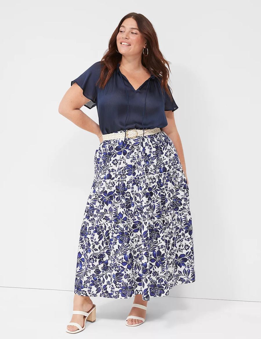 Navy White Lane Bryant Poplin Tiered Maxi Women Skirts | PSS7938JD