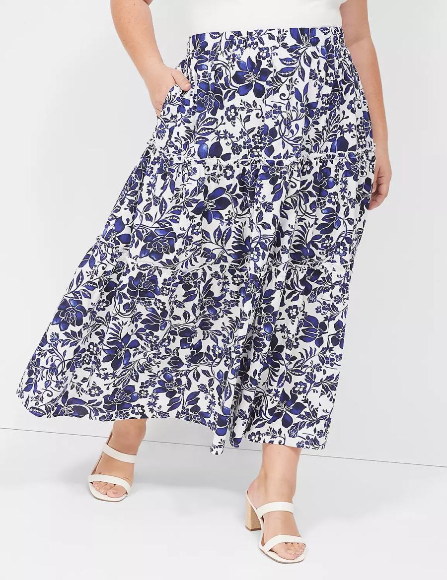 Navy White Lane Bryant Poplin Tiered Maxi Women Skirts | PSS7938JD