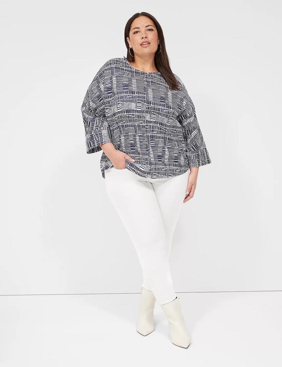 Navy White Lane Bryant Relaxed Crew-Neck Popover Top Women Blouse | QMG5667HX