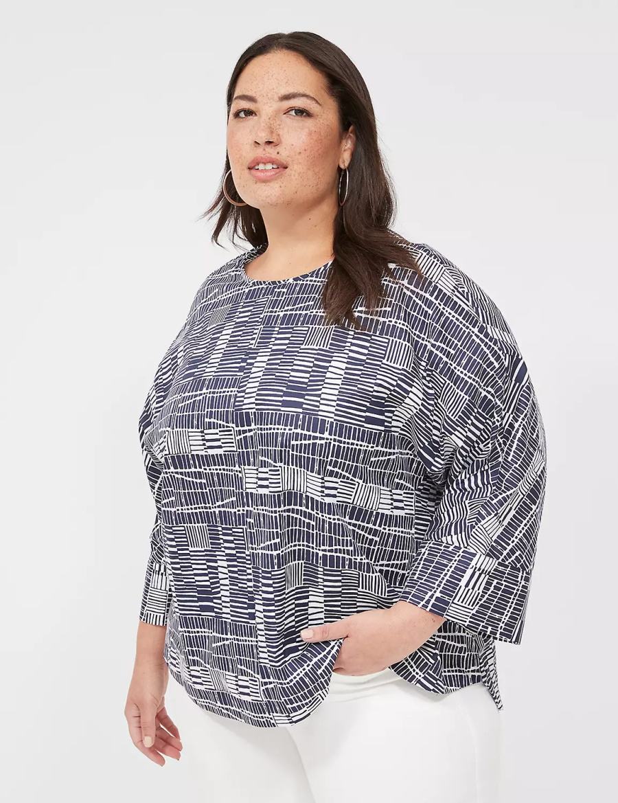 Navy White Lane Bryant Relaxed Crew-Neck Popover Top Women Blouse | QMG5667HX