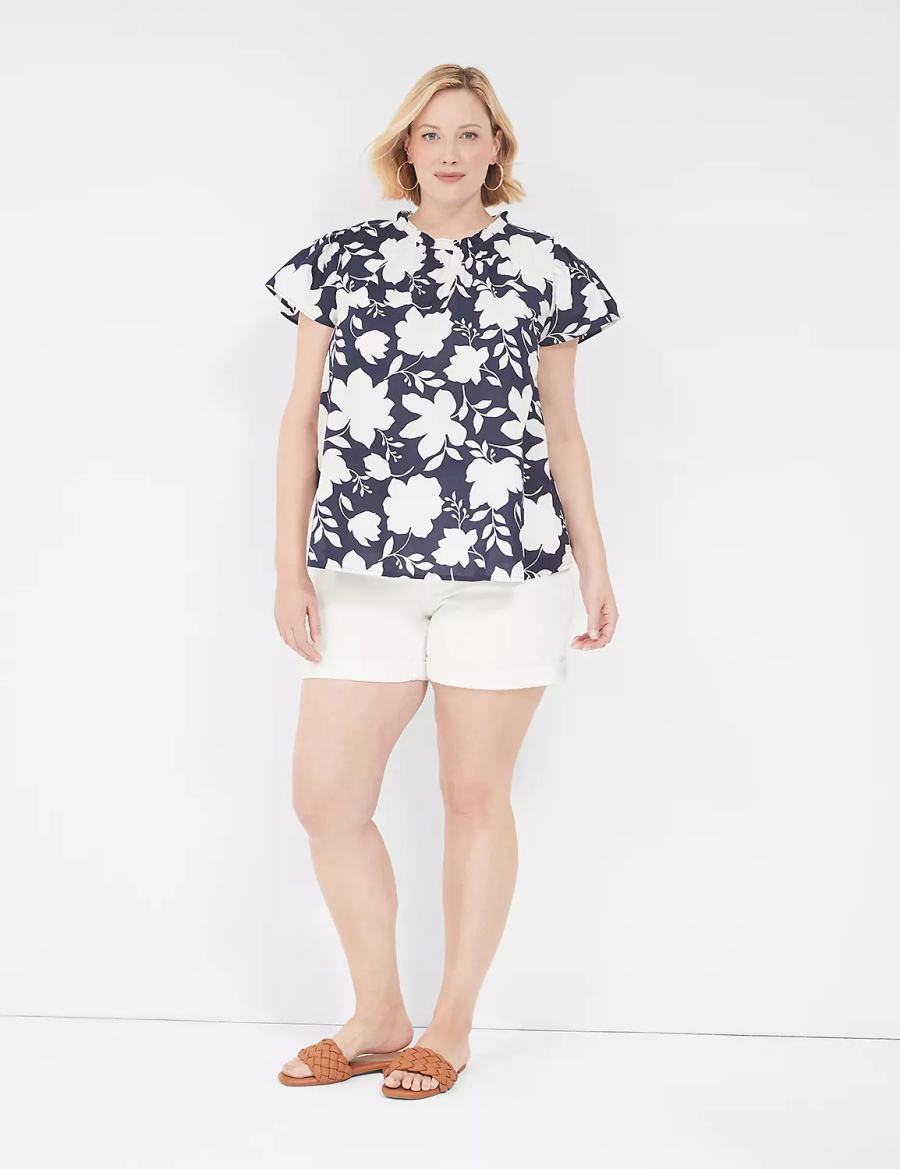 Navy White Lane Bryant Subtle Swing Cap-Sleeve Woven & Knit Top Women T Shirts | NPN945FL