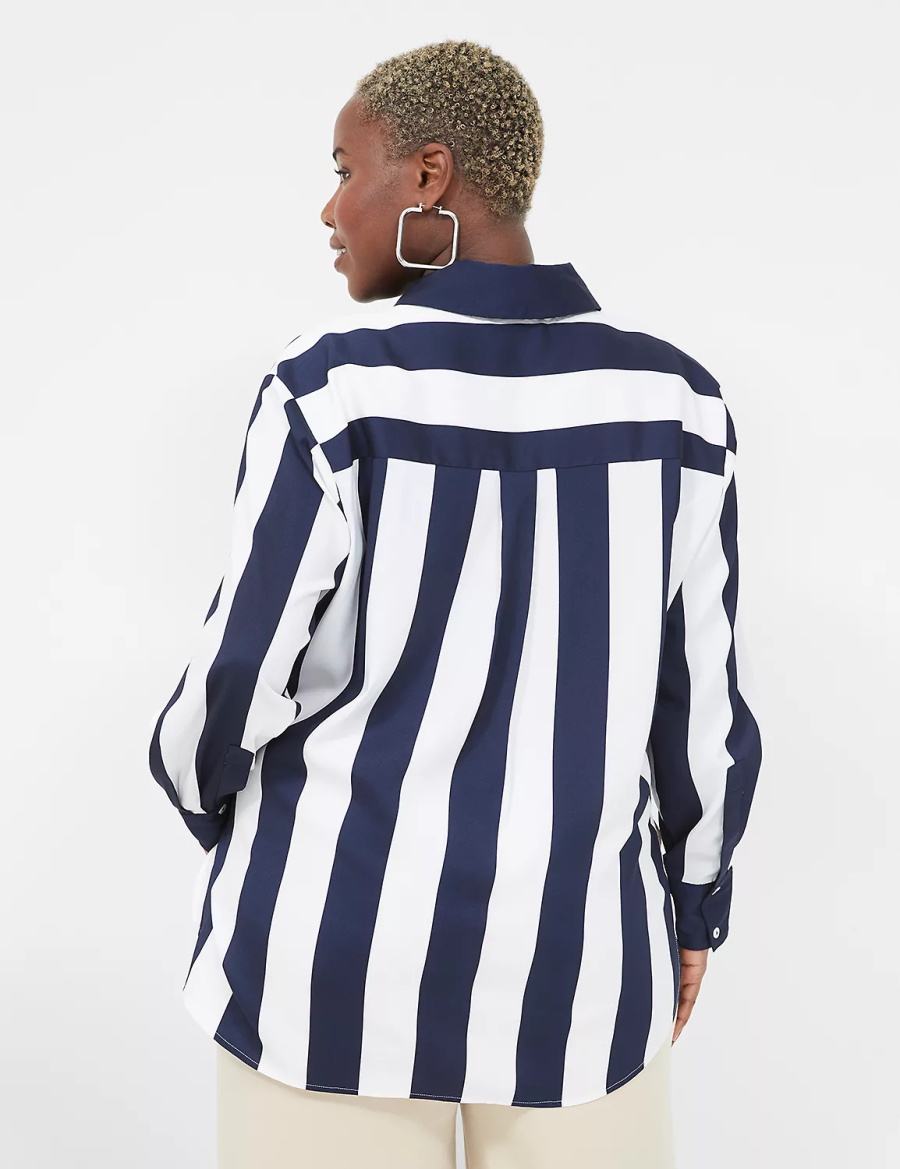 Navy White Stripes Lane Bryant Satin Easy Collared Stripe Button-Down Women Shirts | ESZ875VS