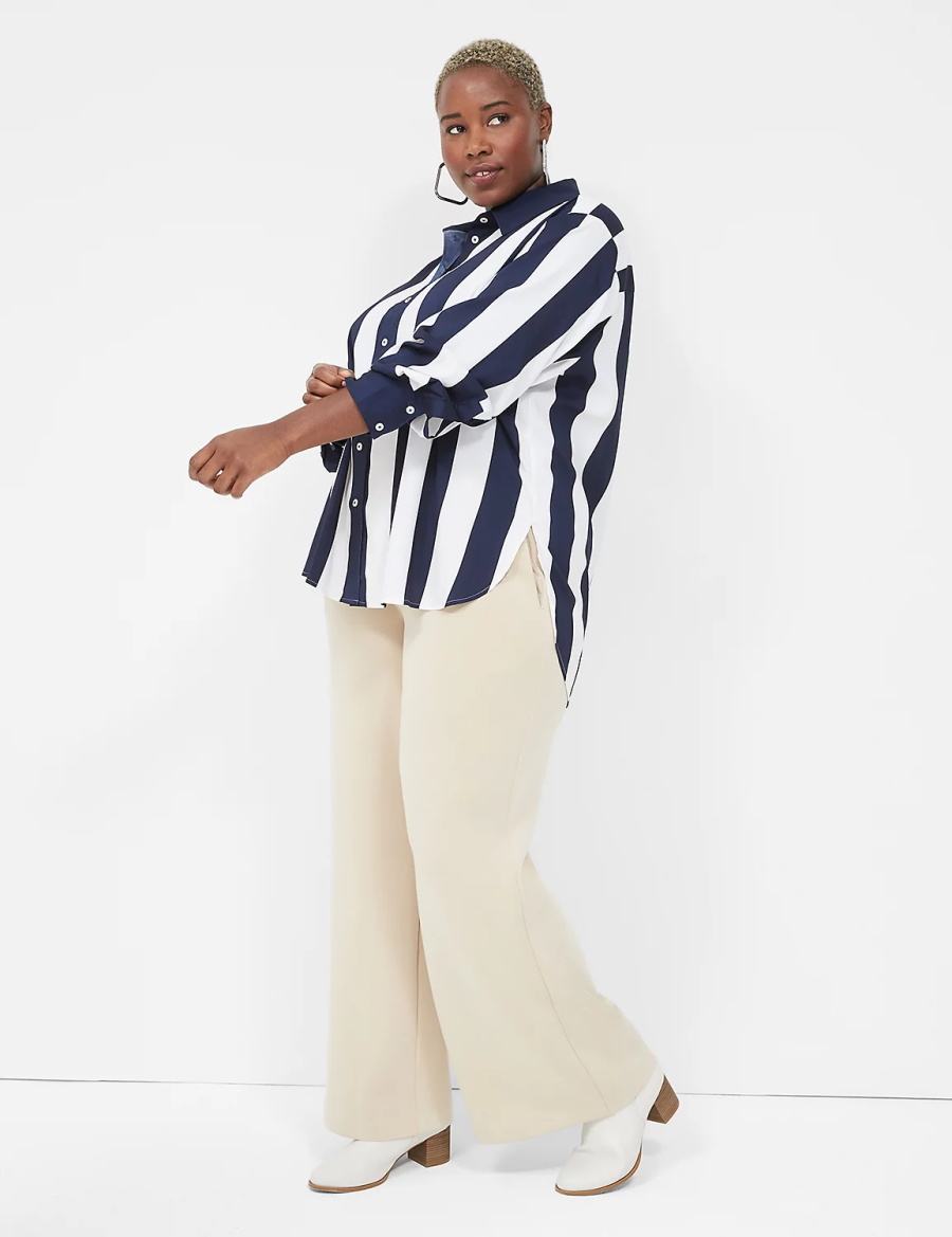 Navy White Stripes Lane Bryant Satin Easy Collared Stripe Button-Down Women Shirts | ESZ875VS