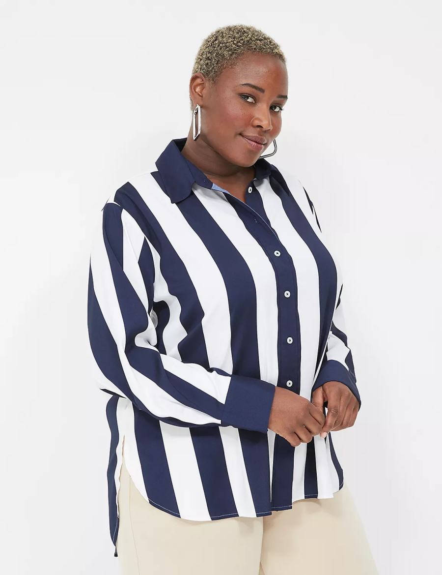 Navy White Stripes Lane Bryant Satin Easy Collared Stripe Button-Down Women Shirts | ESZ875VS