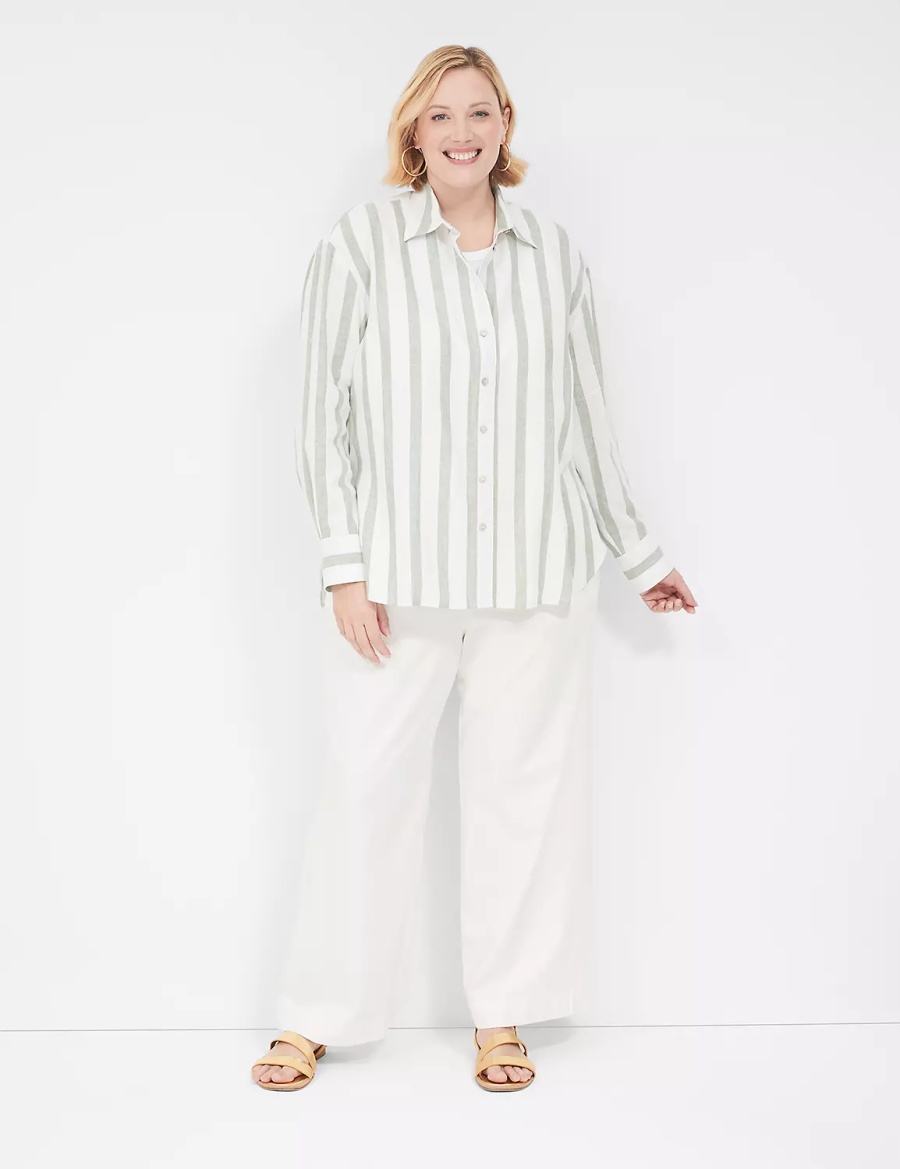 Olive Stripes Lane Bryant Relaxed Linen Button-Down Women Shirts | NBS5298FJ