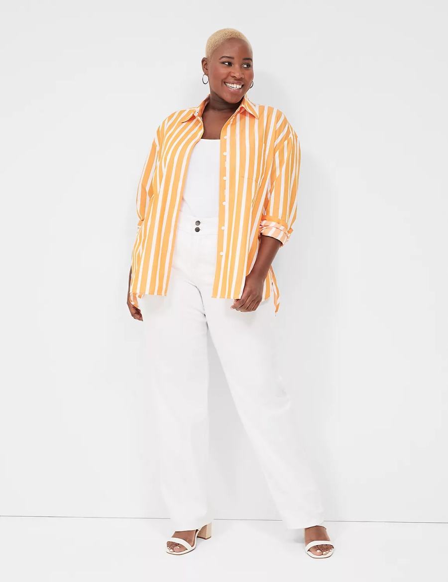 Orange Stripes Lane Bryant Long-Sleeve Button-Down Boyfriend Women Shirts | BNU3774UC