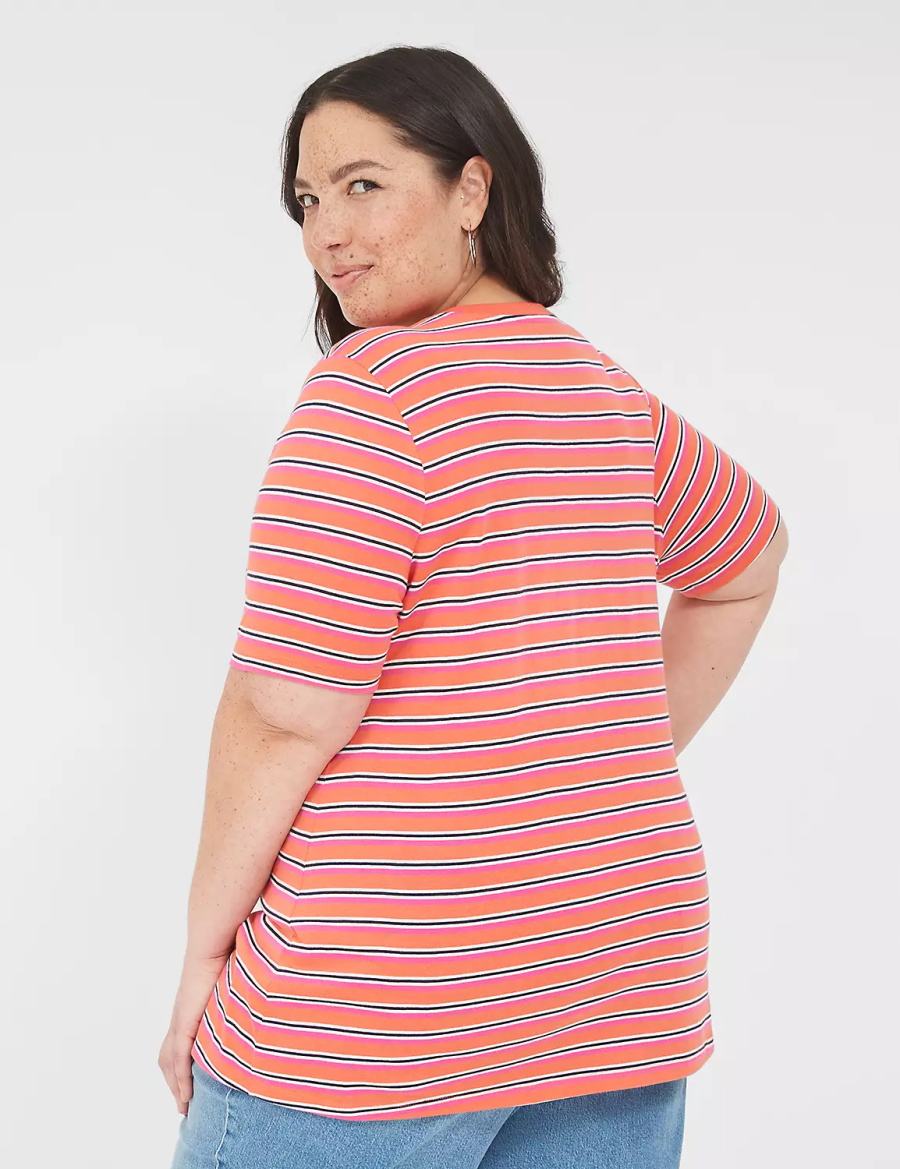 Orange Stripes Lane Bryant Perfect Sleeve V-Neck Tee Women T Shirts | WYP245SW