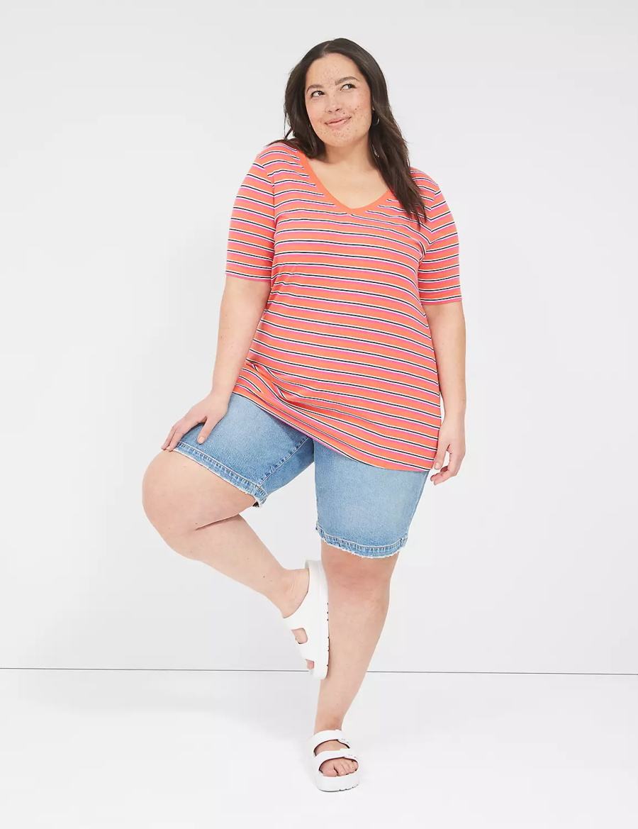 Orange Stripes Lane Bryant Perfect Sleeve V-Neck Tee Women T Shirts | WYP245SW