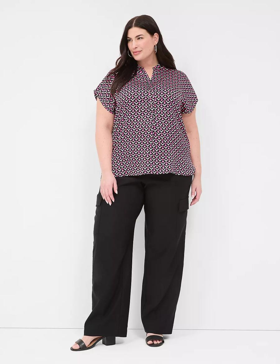 Pink Black Lane Bryant Relaxed Split-Neck Popover Women Blouse | TQW9825NF