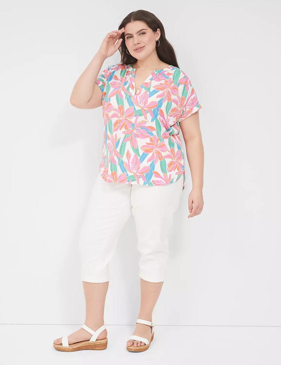 Pink Blue Lane Bryant Relaxed Gauze Notch-Neck Women Shirts | ETB657ZL