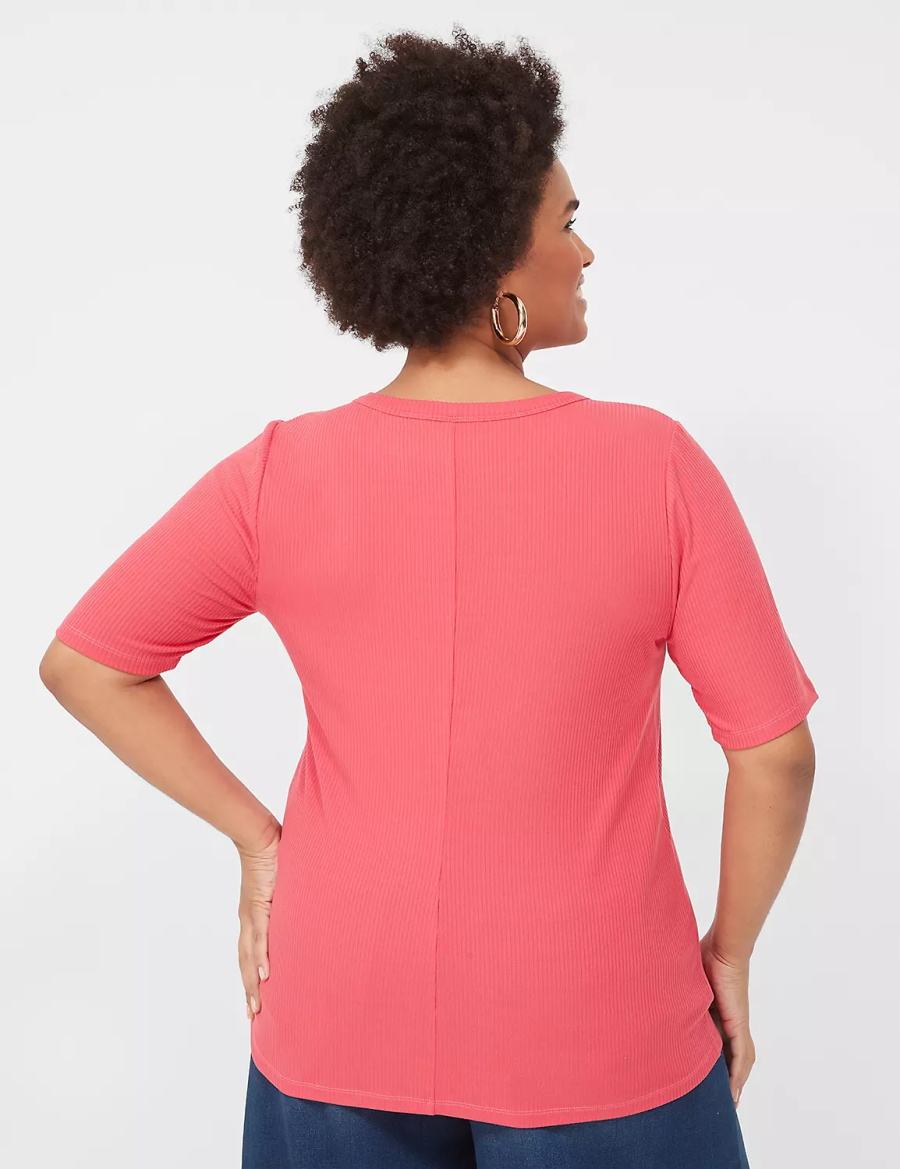 Pink Lane Bryant Elbow-Sleeve High Crew-Neck Rib Top Women T Shirts | AYP1484GS