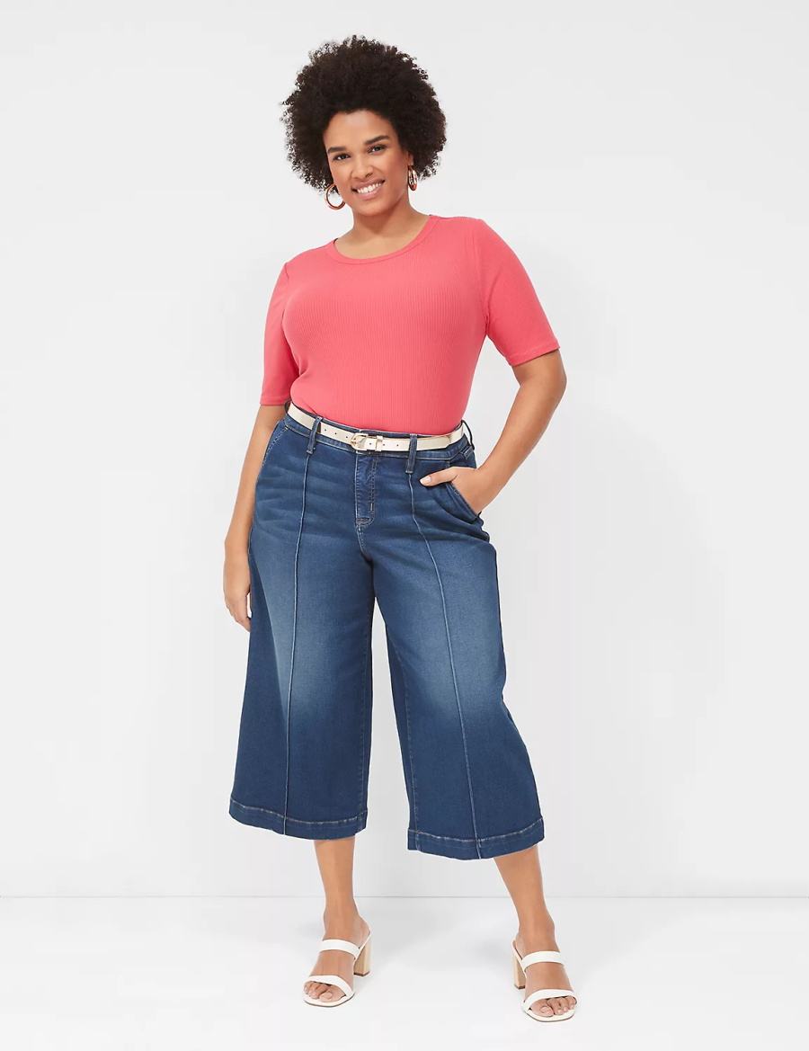 Pink Lane Bryant Elbow-Sleeve High Crew-Neck Rib Top Women T Shirts | AYP1484GS