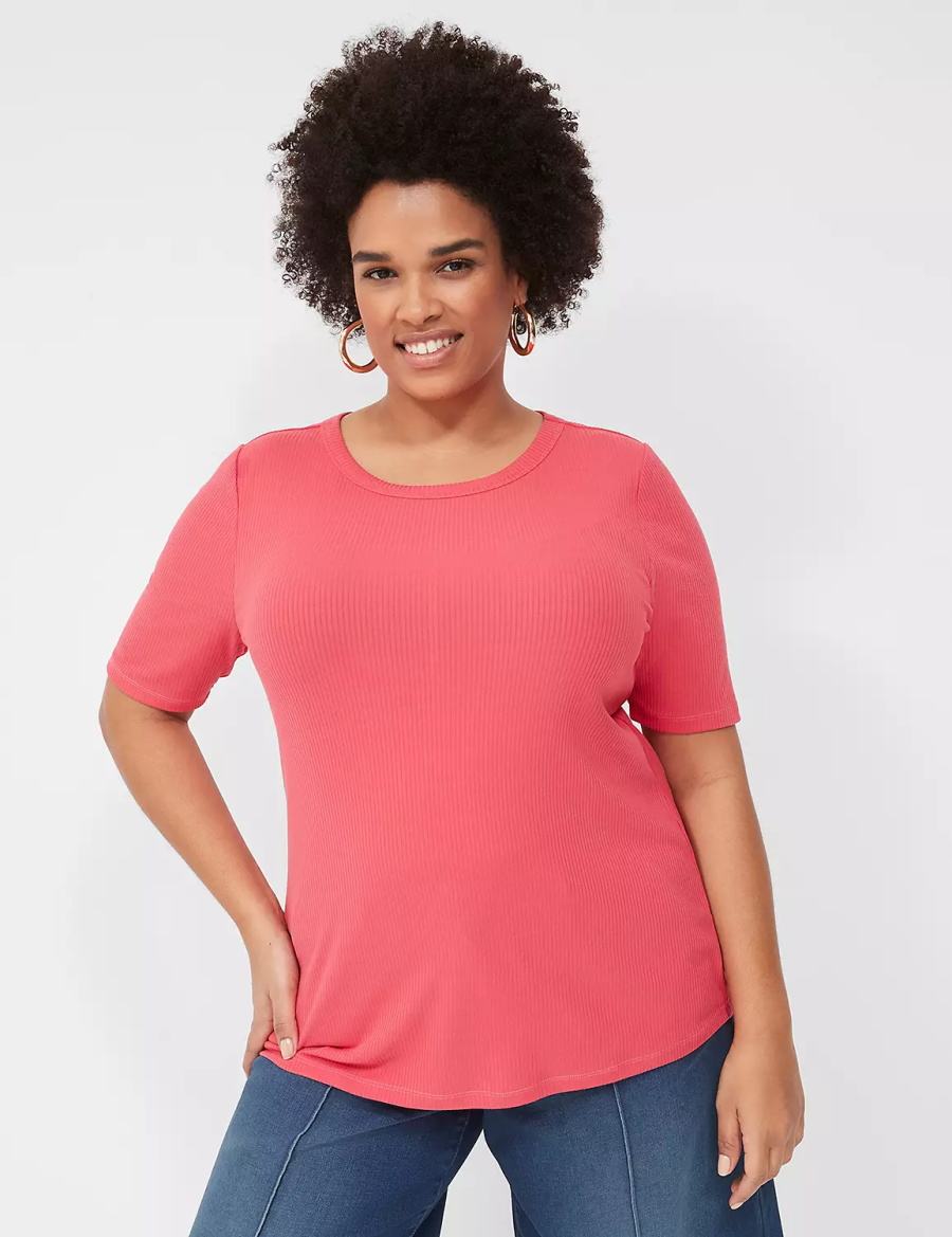 Pink Lane Bryant Elbow-Sleeve High Crew-Neck Rib Top Women T Shirts | AYP1484GS