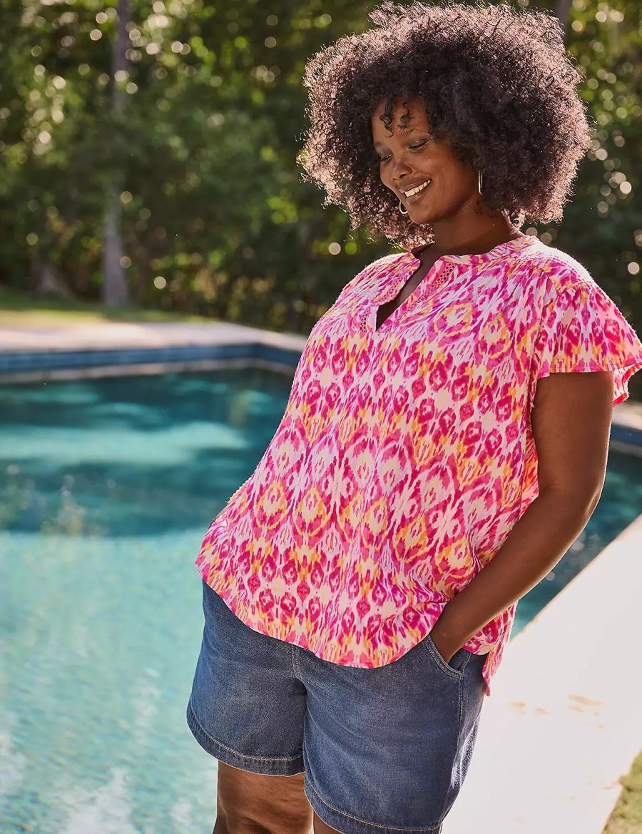 Pink Lane Bryant Relaxed Notch-Neck Woven & Knit Top Women T Shirts | IBL948KG