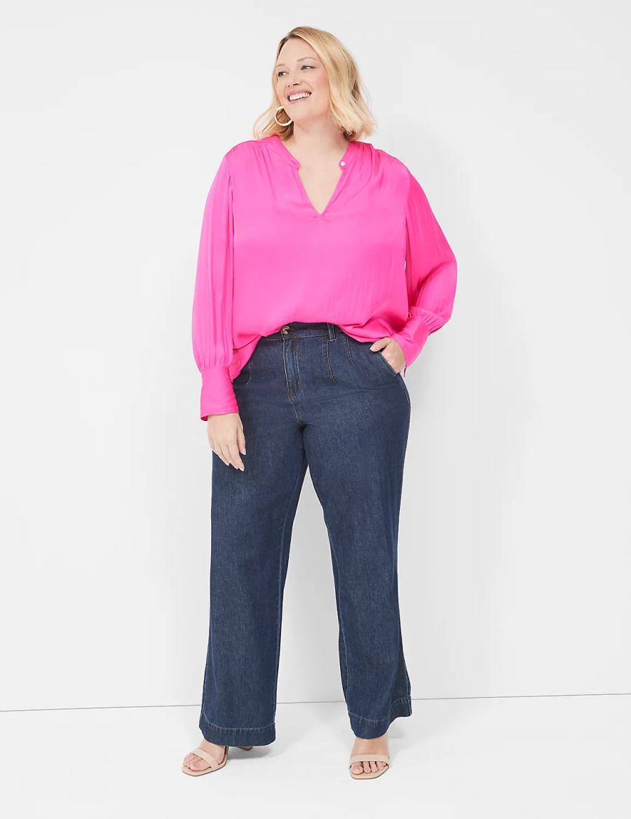 Pink Lane Bryant Relaxed Satin Collar Women Blouse | MCN4675LZ