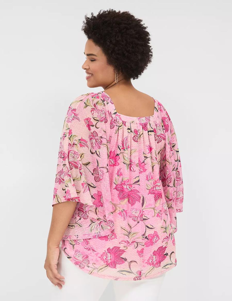 Pink Lane Bryant Relaxed Square-Neck Trimmed Circle Drama Top Women Blouse | HBU5413BI