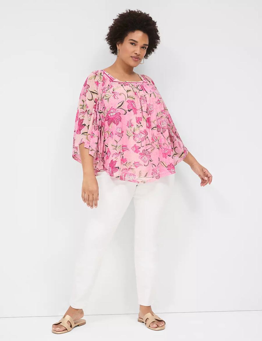 Pink Lane Bryant Relaxed Square-Neck Trimmed Circle Drama Top Women Blouse | HBU5413BI