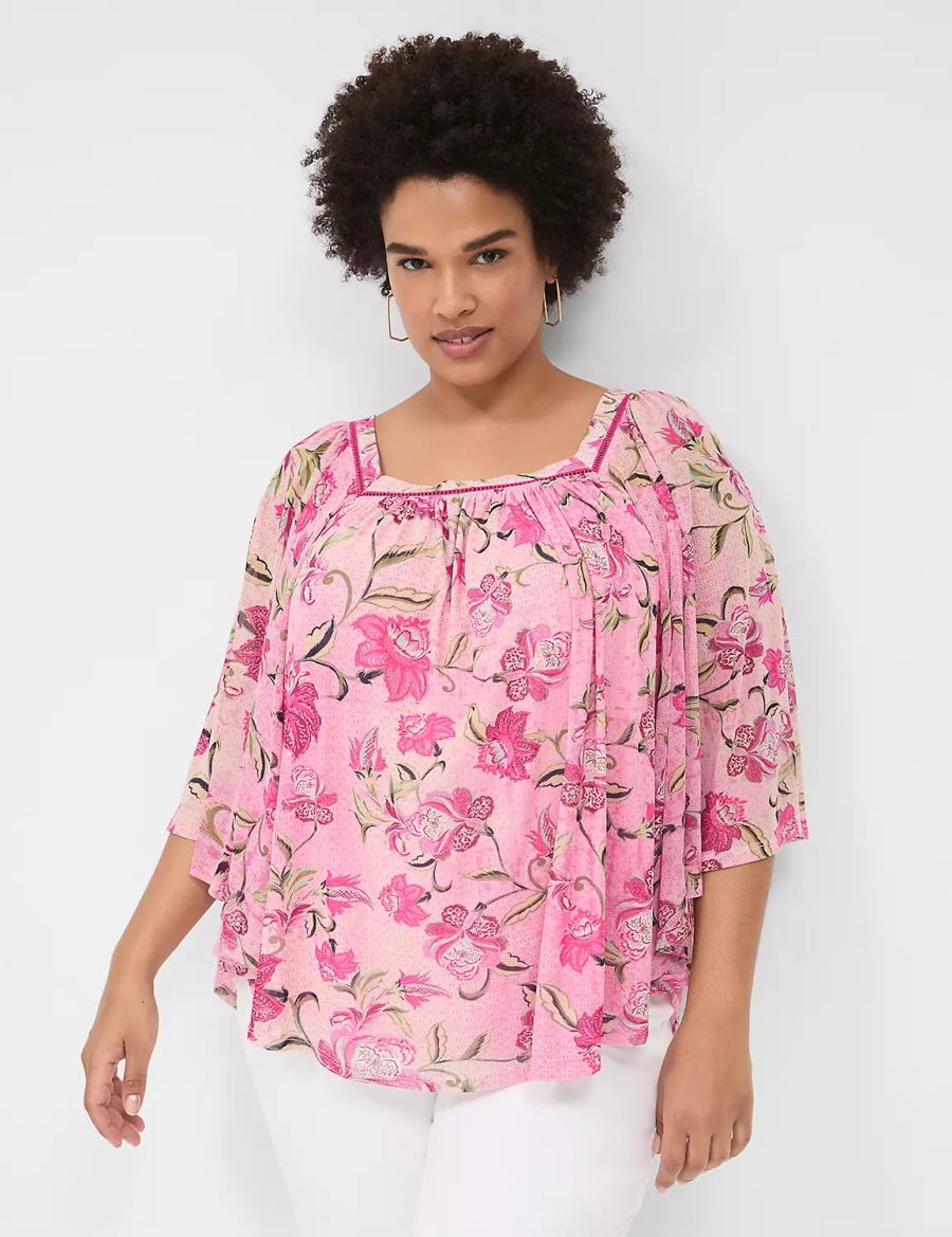 Pink Lane Bryant Relaxed Square-Neck Trimmed Circle Drama Top Women Blouse | HBU5413BI