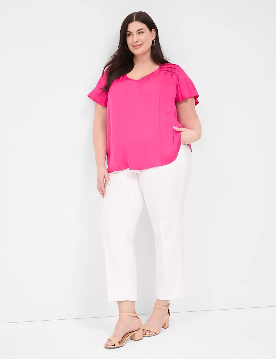 Pink Lane Bryant Satin Smocked-Shoulder Women Blouse | HRB7868VR