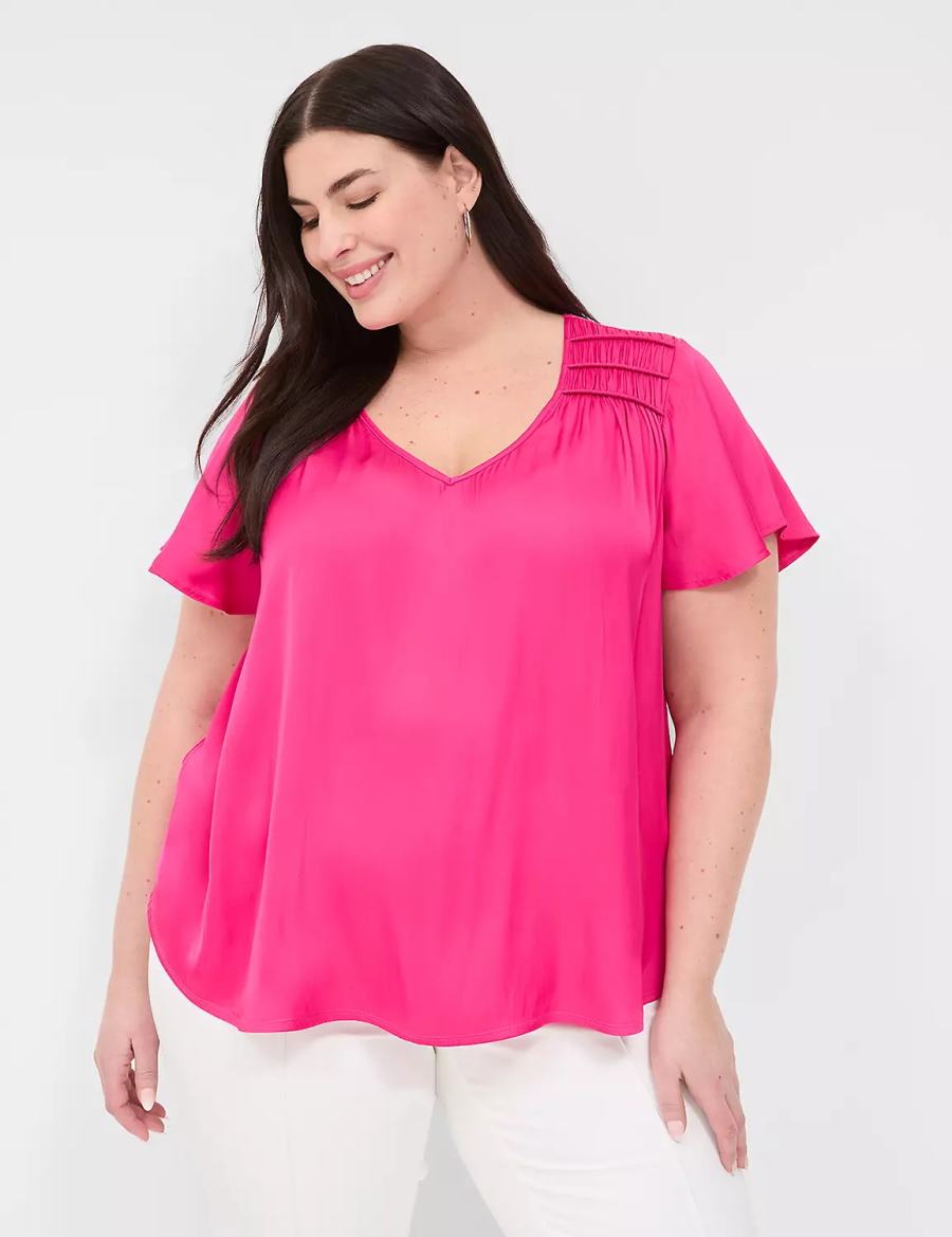 Pink Lane Bryant Satin Smocked-Shoulder Women Blouse | HRB7868VR