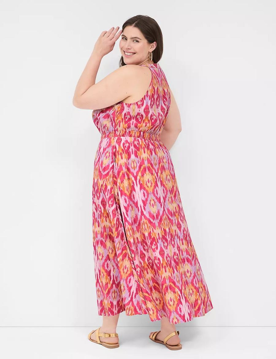 Pink Lane Bryant Split-Neck Tie-Waist Women Maxi Dress | UDM2413TS