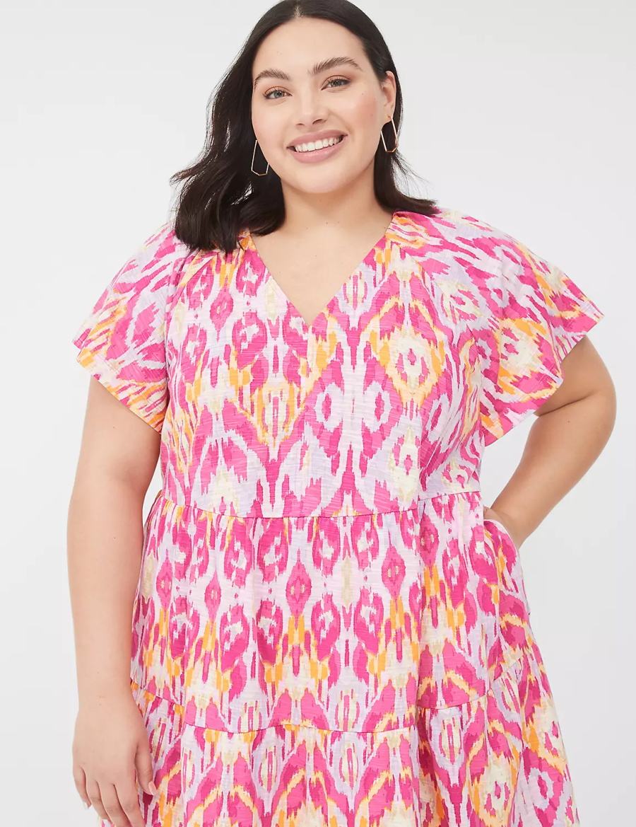 Pink Lane Bryant V-Neck Tiered Easy Women Short Dress | CUT558VR