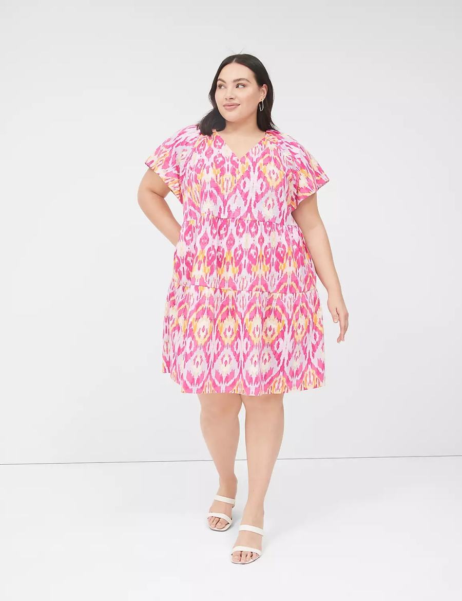 Pink Lane Bryant V-Neck Tiered Easy Women Short Dress | CUT558VR