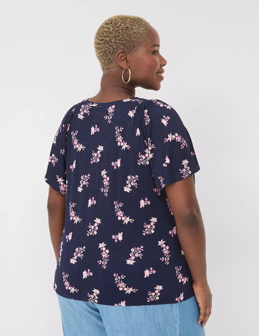 Pink Navy Lane Bryant Flutter-Sleeve Smocked Top Women T Shirts | IZR3397XZ