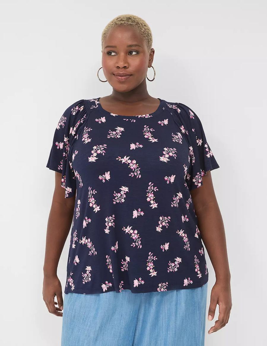 Pink Navy Lane Bryant Flutter-Sleeve Smocked Top Women T Shirts | IZR3397XZ