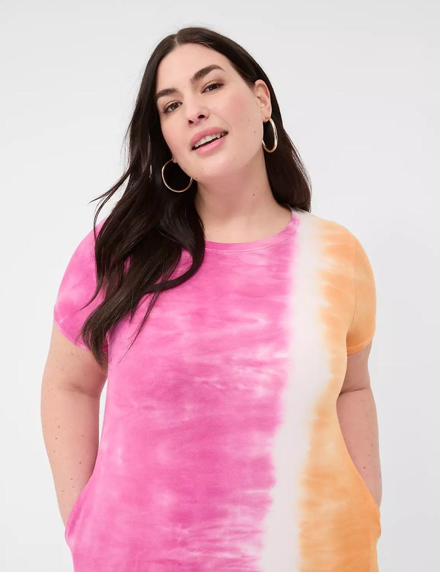 Pink Orange Lane Bryant Short-Sleeve Side-Slit Tie Dye Women Maxi Dress | ACB4580GD