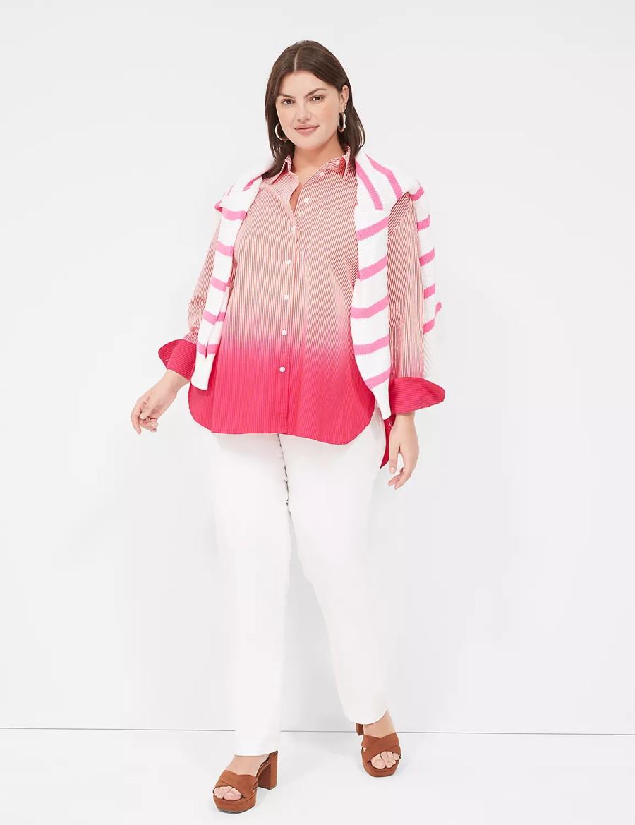 Pink Stripes Lane Bryant Button-Down Boyfriend Women Shirts | OZV5942KQ