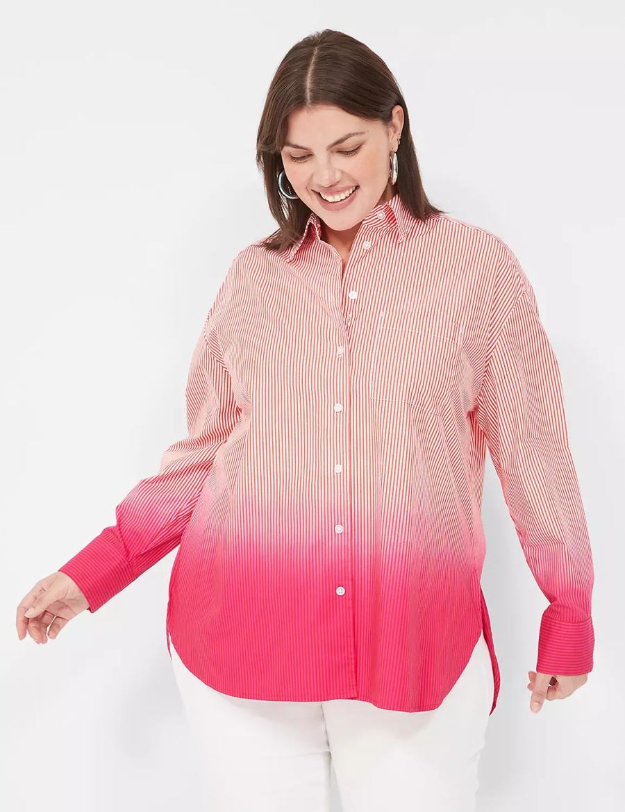 Pink Stripes Lane Bryant Button-Down Boyfriend Women Shirts | OZV5942KQ