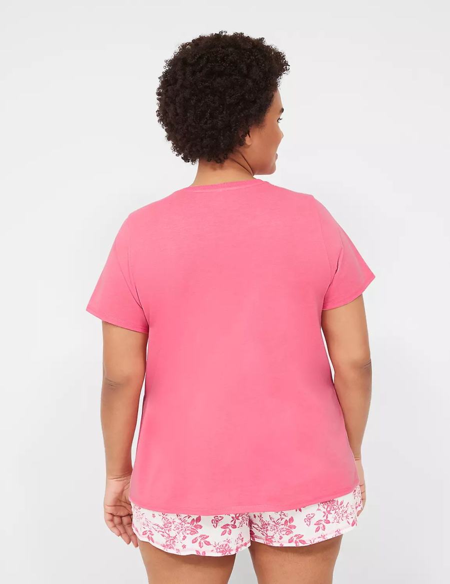 Pink White Lane Bryant Comfy Cotton Rib-Trim Tee & Short PJ Set Women Pajamas | MIK9743NC