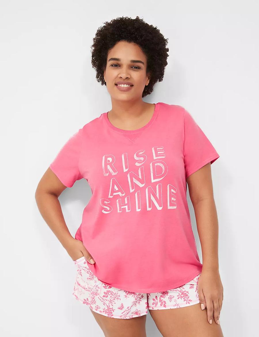 Pink White Lane Bryant Comfy Cotton Rib-Trim Tee & Short PJ Set Women Pajamas | MIK9743NC