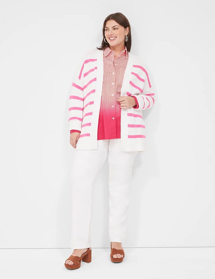 Pink White Stripes Lane Bryant Striped Open-Front Women Cardigan | LXW9243FV