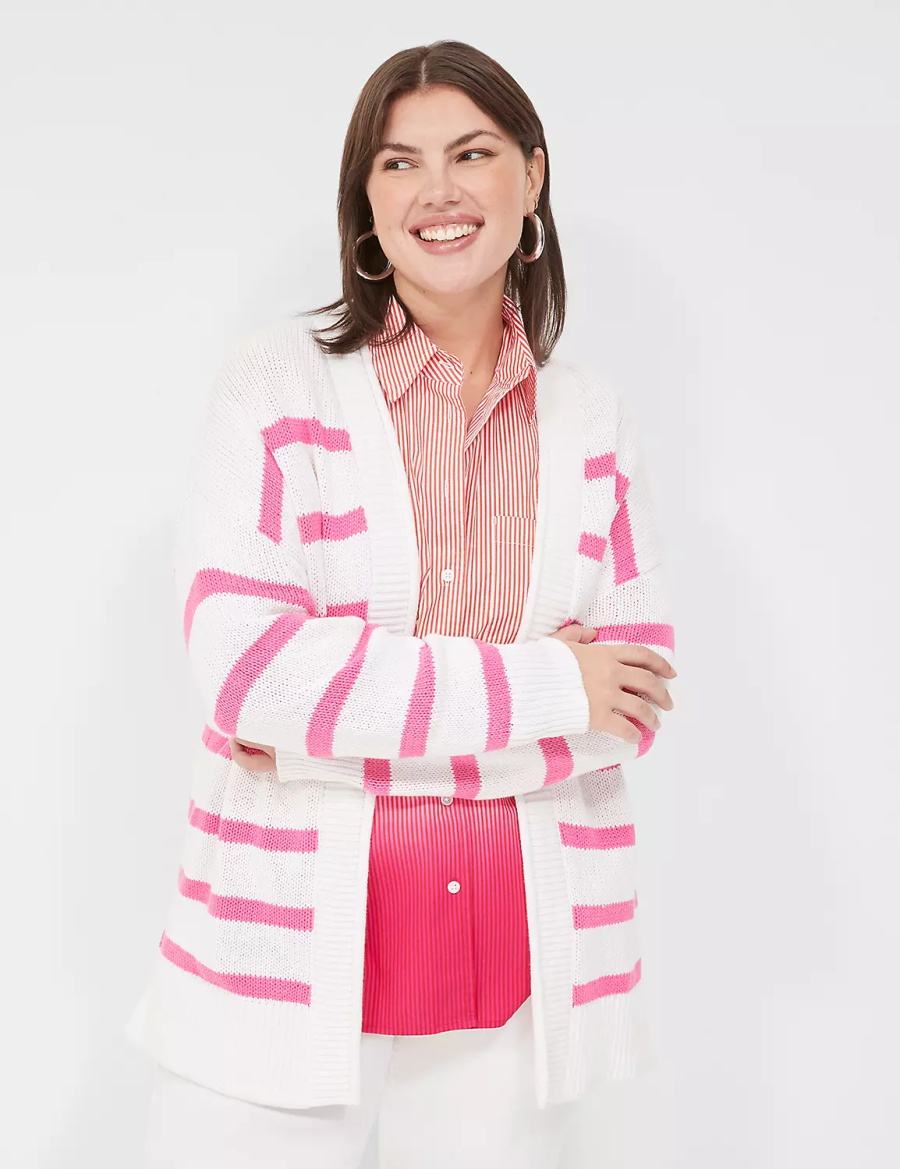 Pink White Stripes Lane Bryant Striped Open-Front Women Cardigan | LXW9243FV